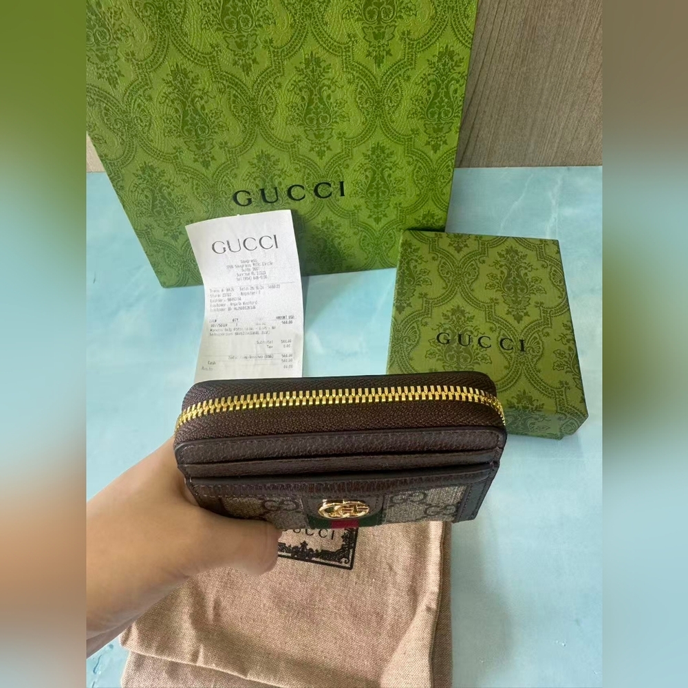 Gucci GG Canvas and Brown Leather Zip Card Holder - Beige/Brown/Green-Red - Picture 7 of 11